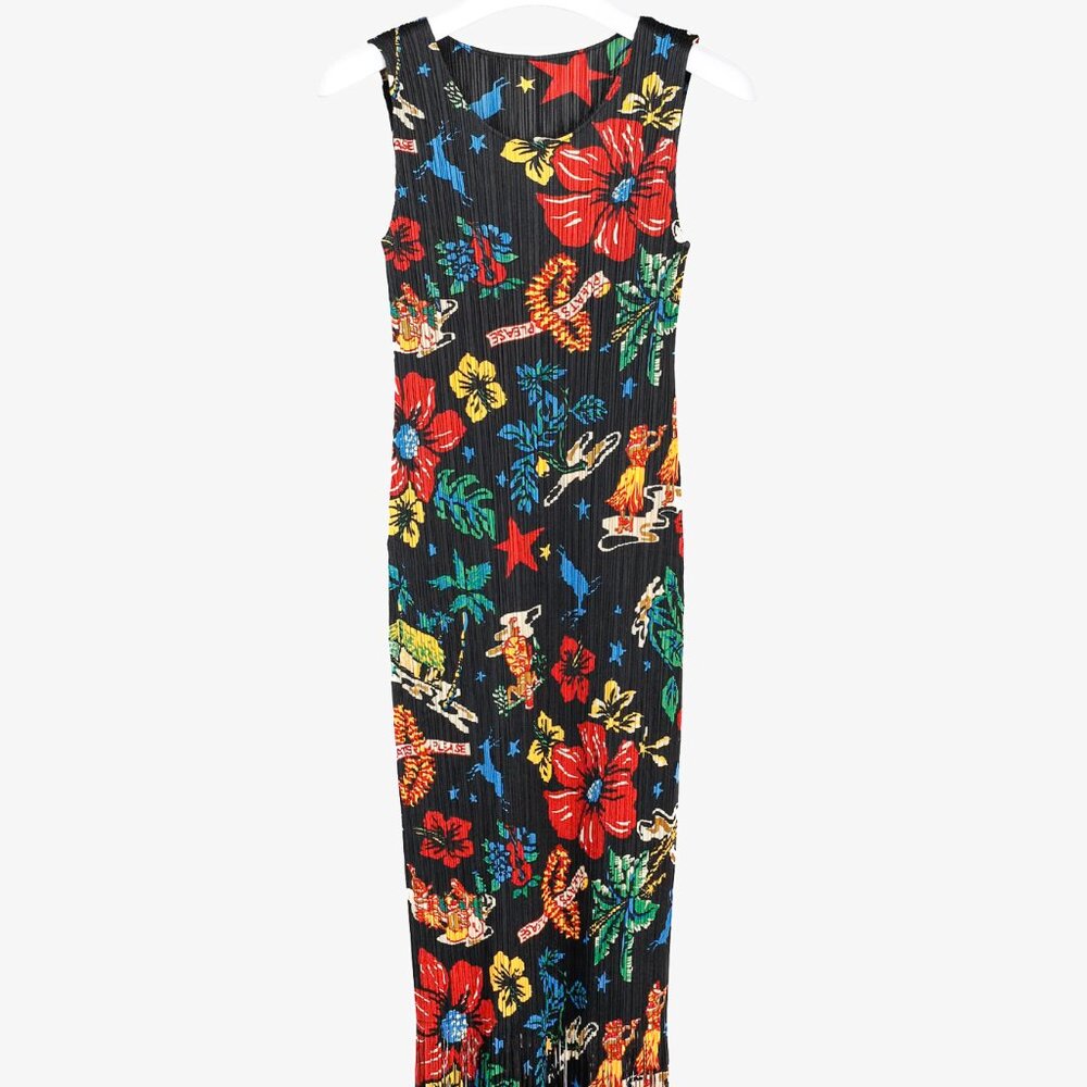 Pleats Please Issey Miyake Hawaii Motif Fringe-Hem Sleeveless Dress, Size XL